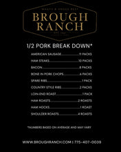 Load image into Gallery viewer, A black informational graphic with gold and white text listing pork cut breakdown quantities for Brough Ranch, including sausage, ham steaks, bacon, bone-in pork chops, spare ribs, country style ribs, loin-end roast, ham roasts, ham hocks, and shoulder roasts.
