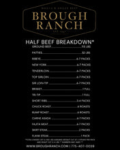 Cargar imagen en el visor de la galería, A black informational graphic with gold and white text reading 'Brough Ranch' and 'Half Beef Breakdown,' listing portions for ground beef, ribeye, New York, tenderloin, top sirloin, sirloin tip, brisket, tri-tip, short ribs, chuck roast, rump roast, carne asada, fajita meat, skirt steak, and flank steak, plus the website and phone number Brough Ranch.