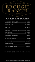 Load image into Gallery viewer, A product image featuring a text list of different cuts of pork available from Brough Ranch, including American Sausage, Ham Steaks, and Shoulder Roasts, among others.