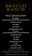 Load image into Gallery viewer, Brough Ranch price breakdown for Wagyu, Angus, and Pork on a black background
