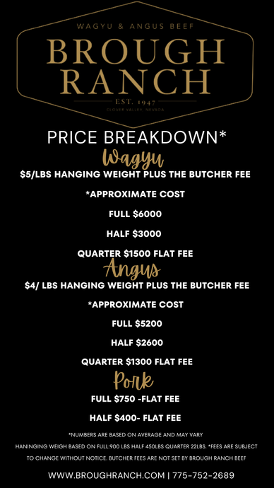 Brough Ranch price breakdown for Wagyu, Angus, and Pork on a black background