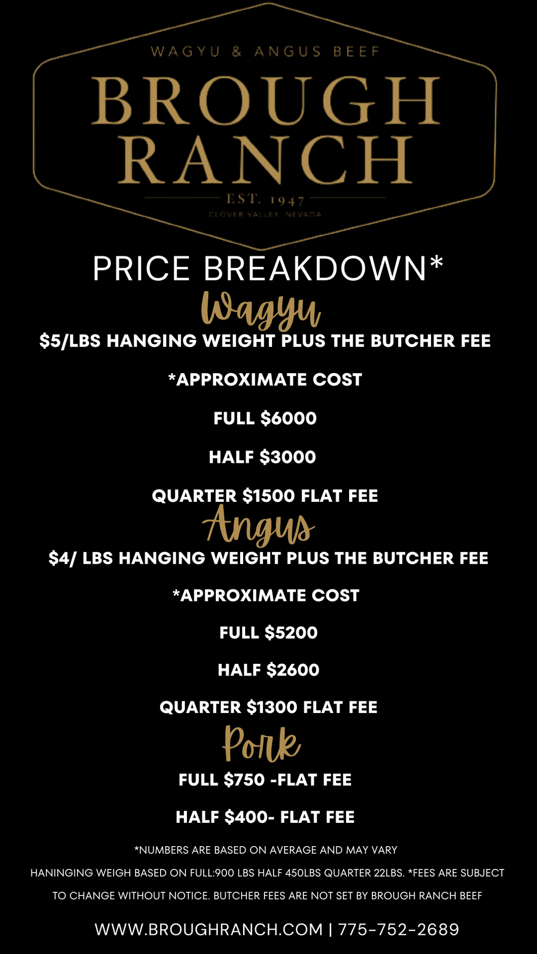 Brough Ranch price breakdown for Wagyu, Angus, and Pork on a black background