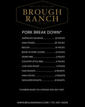 Load image into Gallery viewer, A black informational graphic with gold and white text reading 'Brough Ranch' and 'Pork Break Down,' listing various meat pack options and quantities.
