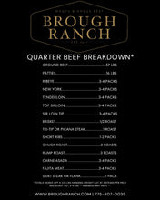 Cargar imagen en el visor de la galería, A black informational graphic with the Brough Ranch logo at the top and a quarter beef breakdown list detailing meat portions, weights, and pack counts by cut.

